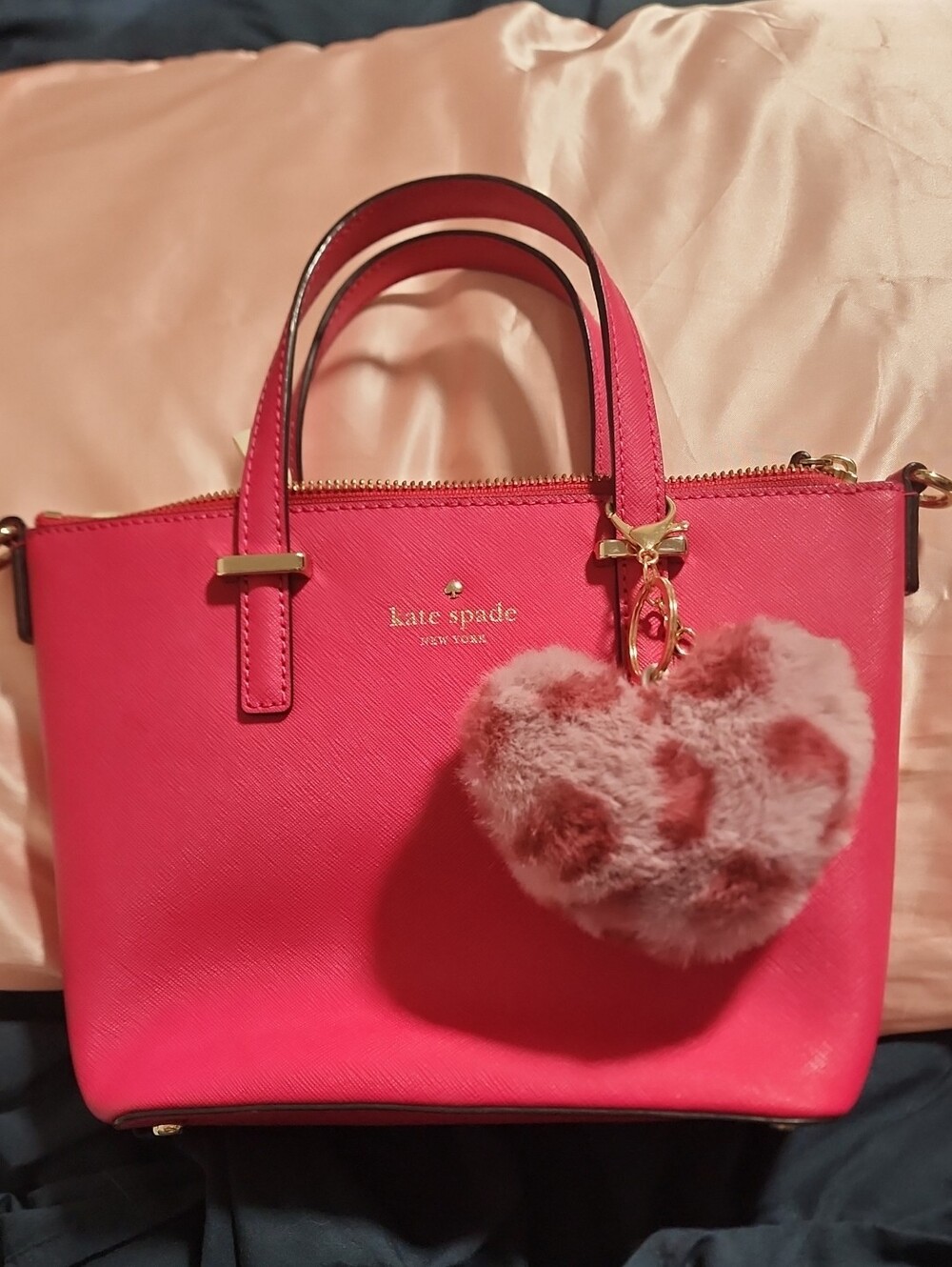 kate spade Hot Pink Saffiano Leather CROSSBODY - with Heart Pom Charm